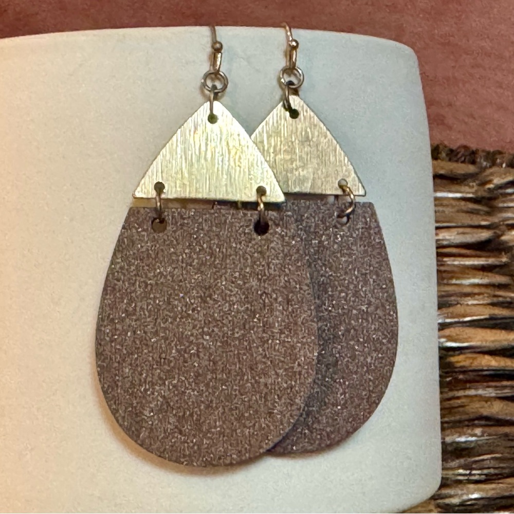 Two-Tone Glitter Metal and Wood Teardrop Earrings